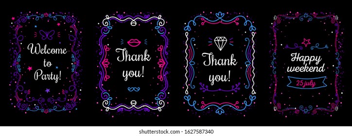 Vector set of romantic template illustration with curly floral frame and inscription on black background. Thin line art style neon color decorative design for a greeting card, wedding invitation
