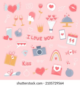 Conjunto de vectores de románticos objetos de San Valentín. Elementos coloridos finos aislados en un fondo rosado. Corazón con alas y flecha, letra, ramo, arco iris, bomba, nube. Usar para pegatinas, tarjetas de felicitación.