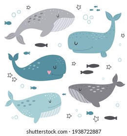 vector set of romantic whales, dreamy clipart for kids, fish in the ocean