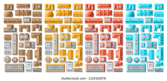 Vector set. Roofs of houses of different colors. Top view. Cityscape map or plan design collection.