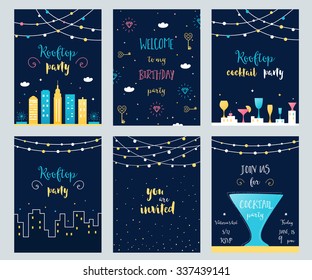 Vector Set Of Rooftop, Cocktail And Birthday Party Invitation Cards With Light Garlands.