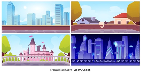 A vector set of rooftop views of a futuristic city with skyscrapers, a megalopolis, country houses and a fabulous castle with night and morning landscapes.