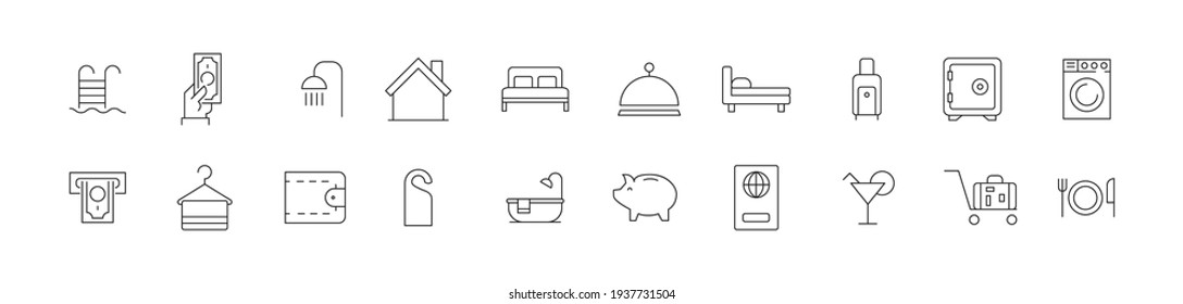 Vector set of room service thin line icons. Design of 20 stroke pictograms. Room service signs isolated on a white background.