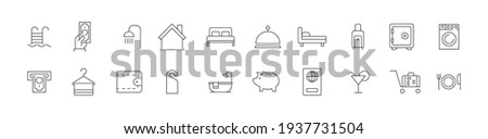 Vector set of room service thin line icons. Design of 20 stroke pictograms. Room service signs isolated on a white background.