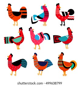 Vector set of roosters, symbol of 2017 on the Chinese calendar. Silhouette of red cock, decorated with floral patterns. 