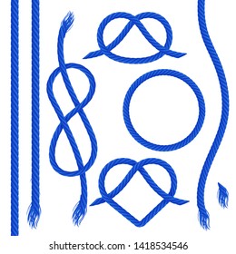 Vector set of ropes, realistic illustration. Nautical blue  rope, cord, string, knots and loops decorative elements for borders and frames. Isolated on white.