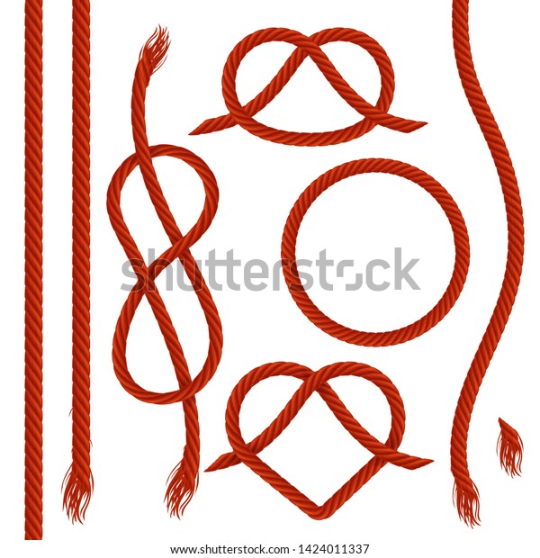 ロープのベクター画像セット リアルなイラスト 赤いロープ コード 紐 結び目 輪の飾りエレメント 境界と枠 白い背景に のベクター画像素材 ロイヤリティフリー
