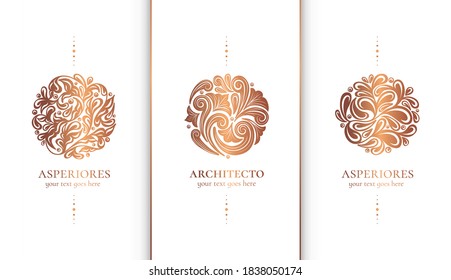 Vector set of rose gold emblem with leaves in a circle shape. Can be used for jewelry, beauty and fashion industry. Great for logo, monogram, invitation, flyer, menu, background, or any desired idea.