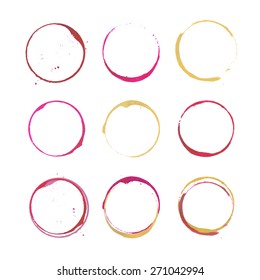 Vector Set Of Rose, Red And White Wine Stain Circles. Red, Rose And White Wine Stains And Spots. Wine Bottom Glass Ring Stains For Badge Design. Hand Drawn Glass Marks Of Wine Stain On White.