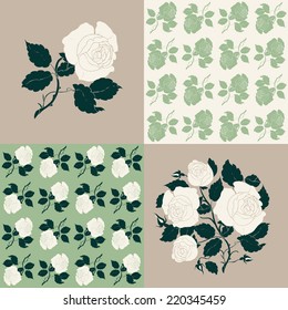 Vector set of rose themed design items: single rose, circle shaped rose composition and pair of rose seamless patterns | Gift wrapping paper rose patterns and decorative elements