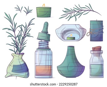 Vektor-Set von Rosmarin ätherisches Öl. Illustration von Kerze, Glasflasche, Diffusor, Aromalampe. Für Aromatherapie, Kosmetik, Parfüm.