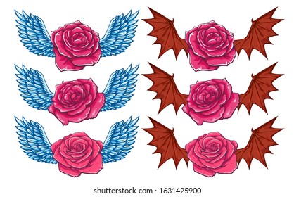 Vector set of roses with angel and demon wings, vector illustration isolated on white background