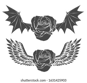 Vector set of roses with angel and demon wings, vector illustration isolated on white background