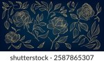 Vector set of roses, gold art flowers, luxury design illustration. Art deco fancy nature elegant drawing, japanese bloom, garden elements.