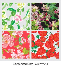 Vector set of roses, lotus, peony, plumeria flower, seamless background painting