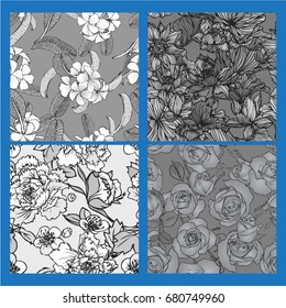 Vector set of roses, lotus, peony, plumeria, black and white on a seamless background.