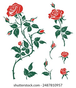 Juego de Rosas de Vector. Rosas rojas estilizadas escalando una rama en un arreglo floral de Vertical con hojas verdes