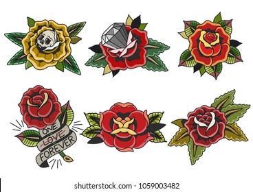 Vector Set of Roses. Traditional Tattoo Arts