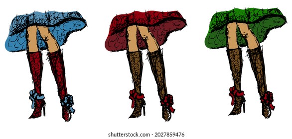 Vector set of rough colored sketches of female legs with high heel knee boots and skirt. Bright grunge fashion illustration