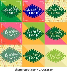 Vector set of rough draft grungy sketchy healthy food hand written labels in vivid natural colors. Logo, poster, restaurant badge idea