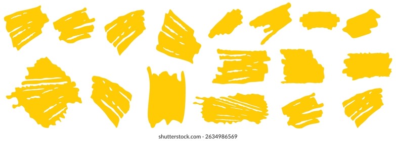 Vector set of rough grungy marker strokes. Hand drawn highlight marks collection. Grunge brushstroke overlay textures. Highlighter lines. Distressed spots, strokes. Each element is united and isolated