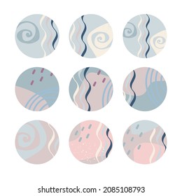 Vector set of round abstract backgrounds with colored spots, curls and wavy lines. Illustration for mobile apps, social media icons templates, designs, and advertisements.