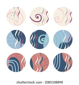 Vector set of round abstract backgrounds with colored spots, curls and wavy lines. Illustration for mobile apps, social media icons templates, designs, and advertisements.