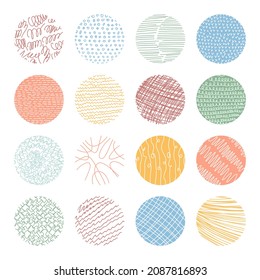 Vector set of round abstract backgrounds. Contemporary trend illustration. Patterns of hand drawn curves, lines, points, spots. Doodle icons set for social networks, posters, 
design templates