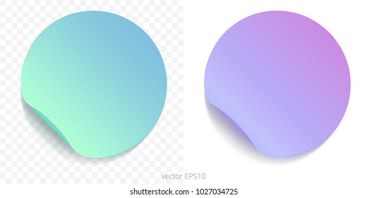 Vector set round adhesive stickers and folded edges  Paper circles green blue   lilac purple gradients  Blank templates  Empty mockup tags and realistic textures  Transparent shadows 