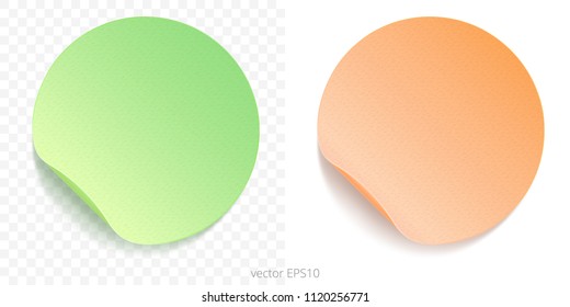 Vector set of round adhesive stickers with a folded edges. Paper circles of lime green and peachy orange gradients. Blank templates. Empty mockup of tags with realistic textures. Transparent shadows.