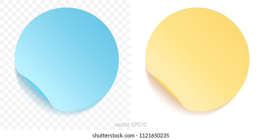 Vector set of round adhesive stickers with a folded edges. Paper circles. Baby blue and golden yellow gradients. Blank template. Empty mockups of tags. Realistic textures. Gentle watercolor shades.