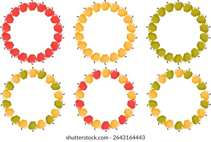 Conjunto vetorial de molduras redondas de maçã. Armações redondas com frutas, tema de outono, cartazes e embalagem. Estilo plano simples isolado em fundo branco, perfeito para composições sazonais e elemento decorativo