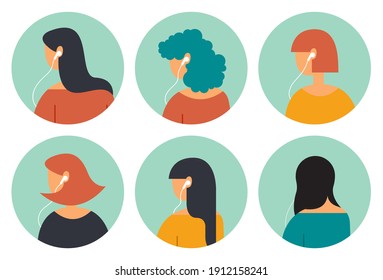 conjunto vectorial de avatares o etiquetas redondas. las chicas escuchan podcast o música en línea aisladas en un entorno pastel. se puede usar como elemento de diseño web, iconos, banners para canales de música o podcast.