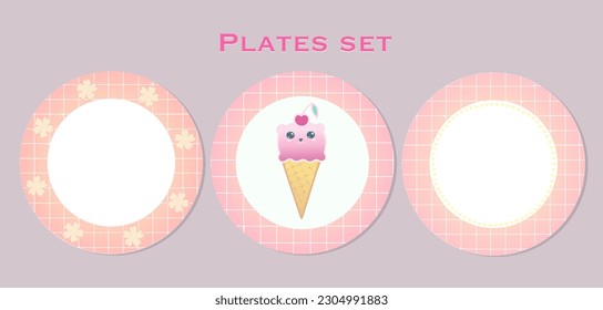 
Vector set of round baby icons. Collection of isolated round plates with cartoon animals. kawaii vector icons of fun colorful childish plates with cake