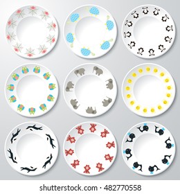 Vector set of round baby icons. Collection of isolated round plates with cartoon animals. Vector icons of multicolored childish plates.