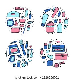 Vector set of round badges of beauty items. Set of doodle style cosmetic tools. Makeup collection.  