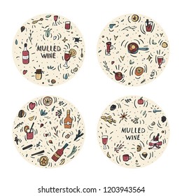 Vector set of round badges with mulled wine elements and objects. Composition in doodle style.