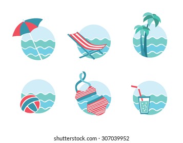  Vector set of round beach icons on white isolation background