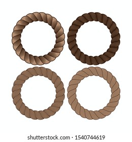 Vector set of round black monochrome rope frame. Collection of thick and thin circles isolated on the white background consisting of braided cord. For decoration and design in marine style