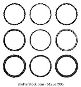 Vector set of round black monochrome rope frame. Collection of thick and thin circles isolated on the white background consisting of braided cord. For decoration and design in marine style.