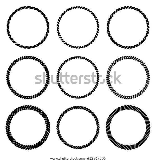 黒い丸いモノクロロープフレームのベクター画像セット 白い背景に太い円と細い円のコレクションで 組み紐で構成されます 洋式の装飾やデザイン のベクター画像素材 ロイヤリティフリー