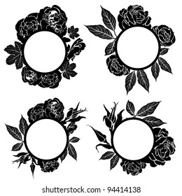 Vector set of round black vintage frames with flowers