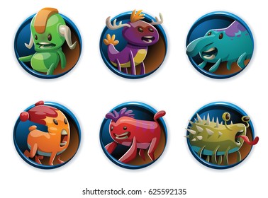 Vector set of round blue frames with cartoon images of cute different colorful monsters in various poses on a white background. Positive character, creature, funny. Halloween.