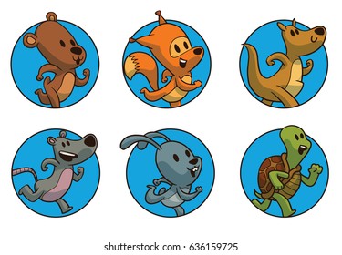 Vector set of round blue frames with cute running animals: bear, fox, kangaroo, rat, rabbit and turtle on a white background. Sport, Zoo, jogging, healthy lifestyle. Positive character. Color image. 