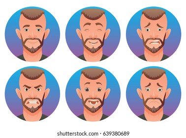 Vector set of round blue frames with cartoon images of men with brown hair and beard expressing various facial emotions: joy, happiness, bewilderment, anger, delight and sadness on a white background.