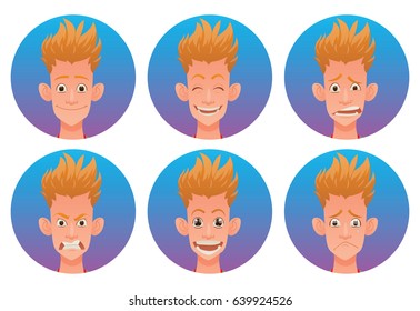 Vector set of round blue frames with cartoon images of teenager boys with ginger hair expressing various facial emotions: joy, happiness, bewilderment, anger, delight and sadness on a white background