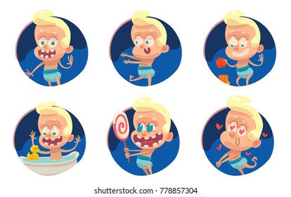 Vector set of round blue frames with cartoon images of funny babies boys with blond hair in blue diapers with different actions and emotions on a white background. Children, childhood, birth.
