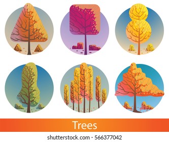 Vector set of round blue labels with cartoon images of different yellow, orange, red trees of various shapes with small bushes below on a white background. Nature, forest. Inscription "Trees".