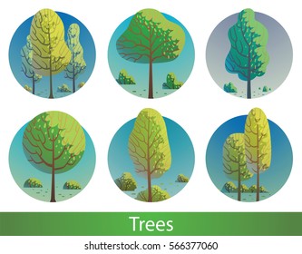 Vector set of round blue labels with cartoon images of different green trees of various shapes with small green bushes below on a white background. Nature, forest. Inscription "Trees".