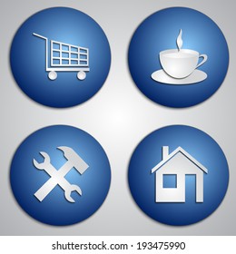 Vector set of round blue site icons   made as  paper cut image  on grey background